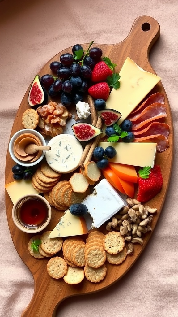 A delicious cheese and charcuterie platter with assorted cheeses, cured meats, fresh fruits, nuts, and crackers.